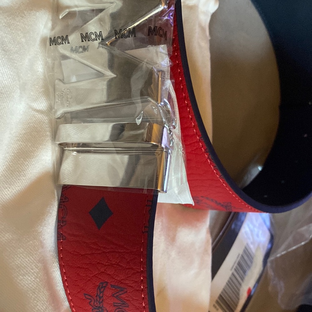 Authentic Reversible Red and Navy Blue MCM Belt in 1.5 width size